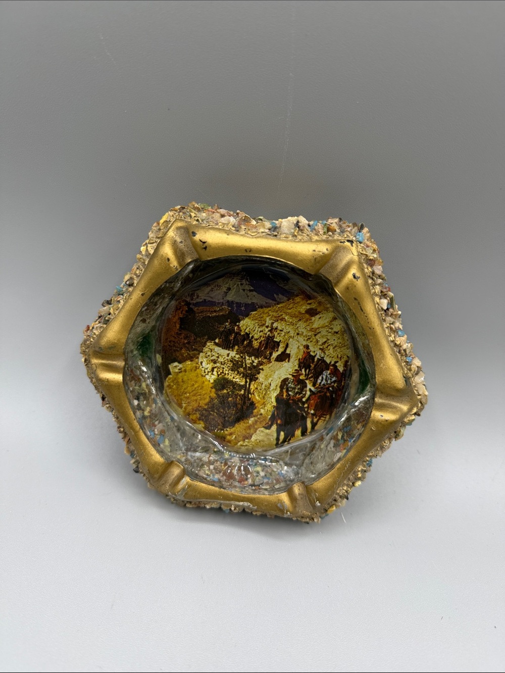 Vintage Glass Souvenir Ashtray Textured Rock Sides People Riding Horse Picture